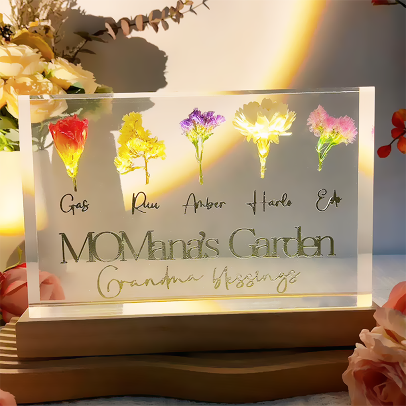 Personalized Name Resin Wood Lamp with Custom Birth Flowers Beautiful Gift for Mom