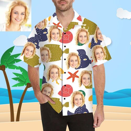Custom Face Fish Conch Starfish Men's All Over Print Hawaiian Shirt