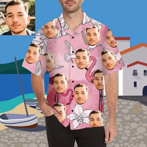 Individuelles Gesicht Weißer Kranich und Flamingoblume Herren Bedrucken Hawaii Hemd/Shirt