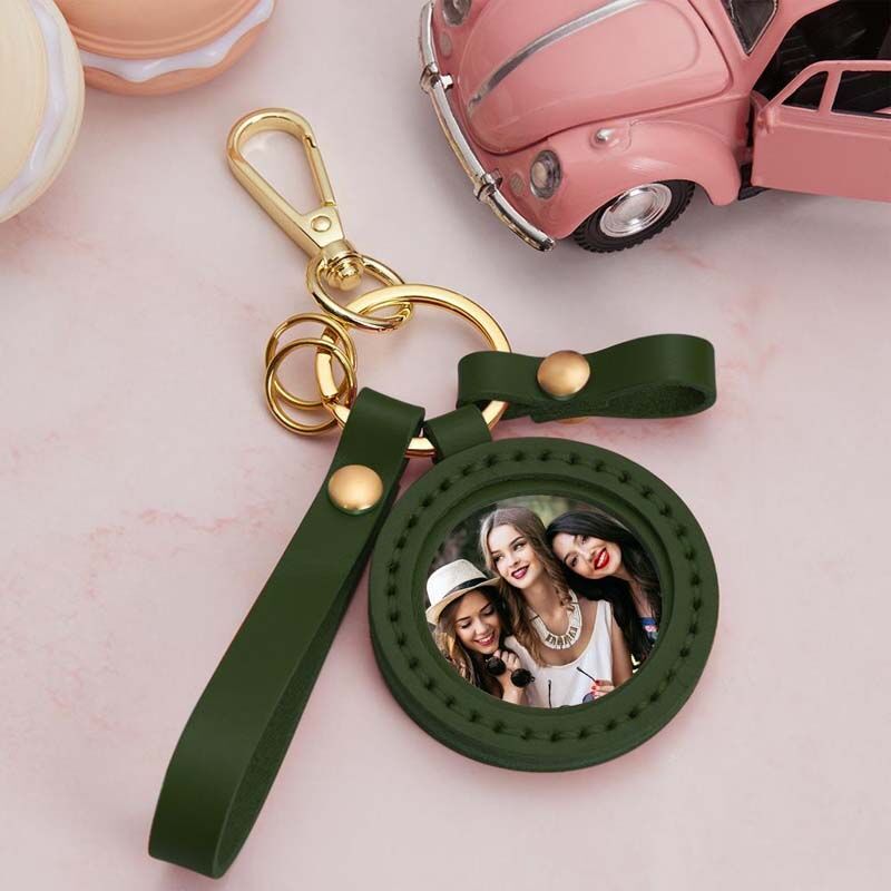 Llavero personalizado con foto y cuero verde oscuro para familia