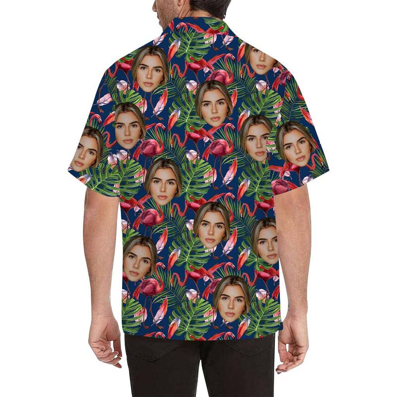 Chemise hawaïenne à impression intégrale pour hommes, visage personnalisé, flamant rose et feuilles vertes