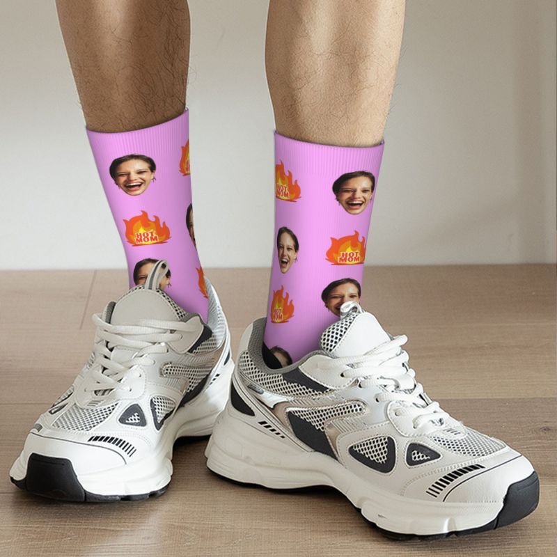 Personalized Face Socks Printed with "Hot Mom" Text