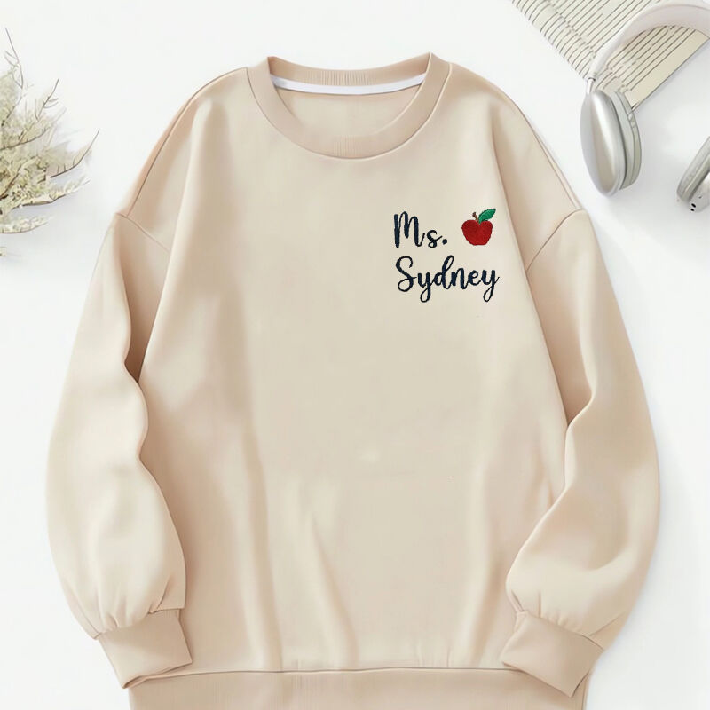 Personalized Sweatshirt Embroidered Custom Teacher's Name Apple Pattern Design Great Gift for Friends