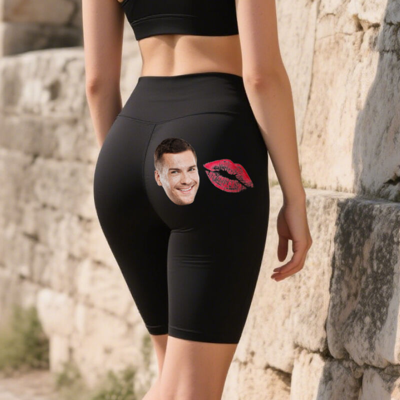 Personalized Biker Leggings Custom Boyfriend's Head Photo with Kiss Design Perfect Gift for Her Lovers