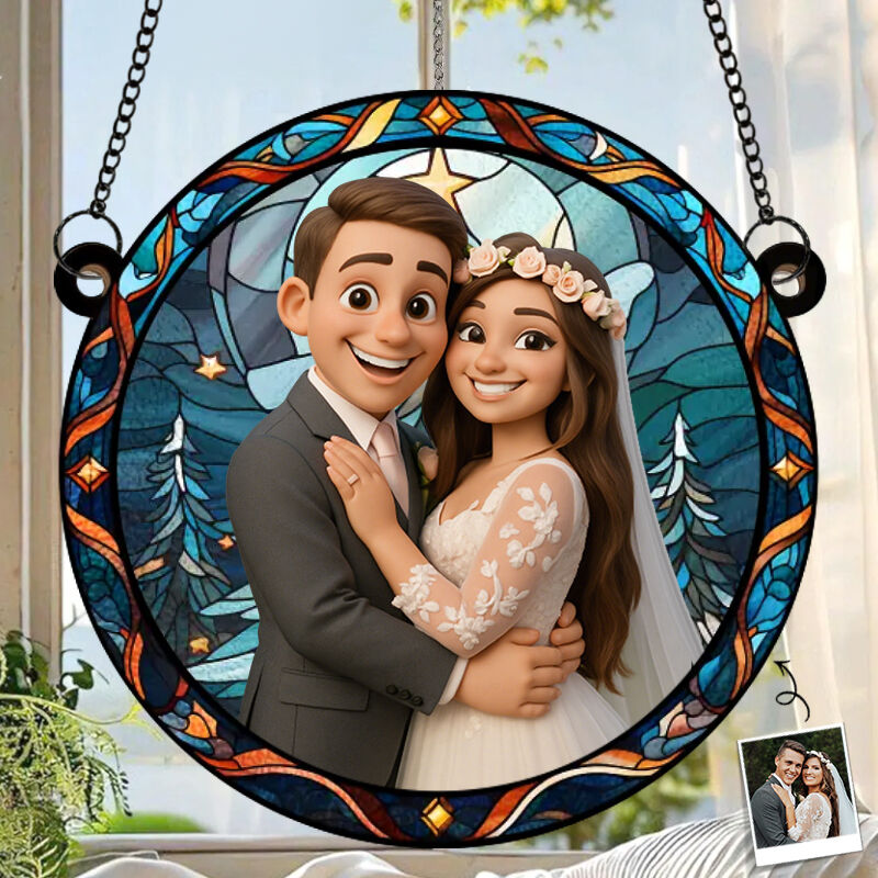Personalized Window Hanging Suncatcher Cartoon Style Photo Decoration Gift for Couples