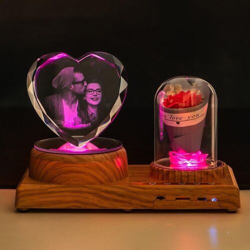 Lampe Ctystal Haut-parleur Bluetooth avec Rose - Couleur complète Personnalisé Photo Coeur Diamant