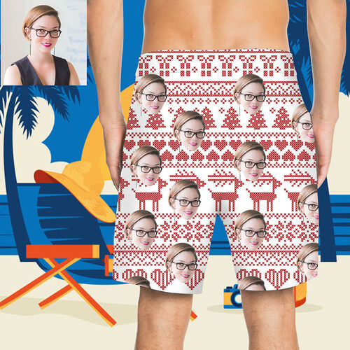 Custom Face Red and White Men's Beach Shorts