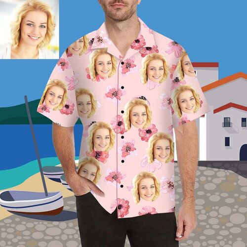 Custom Face Pink Flowers Men's All Over Print Hawaiian Shirt