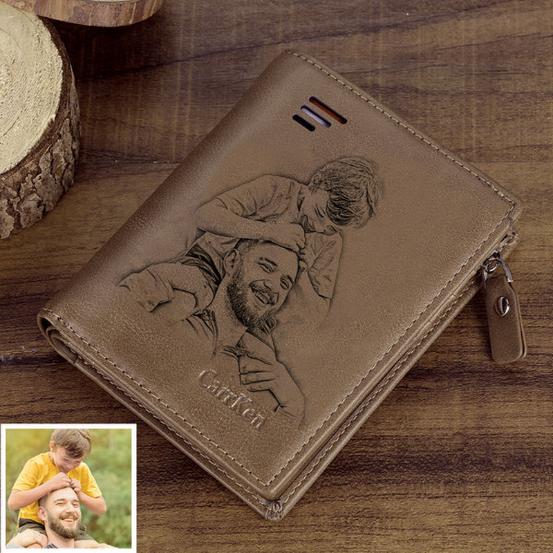 Men's Custom Photo Engraved Wallet Brown Leather Gift Ideas
