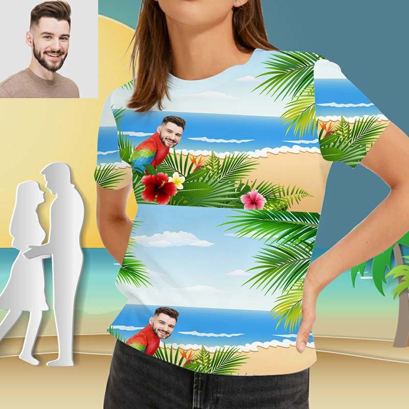 T-shirt hawaïen Visage personnalisé pour femme imprimé avec un perroquet rouge