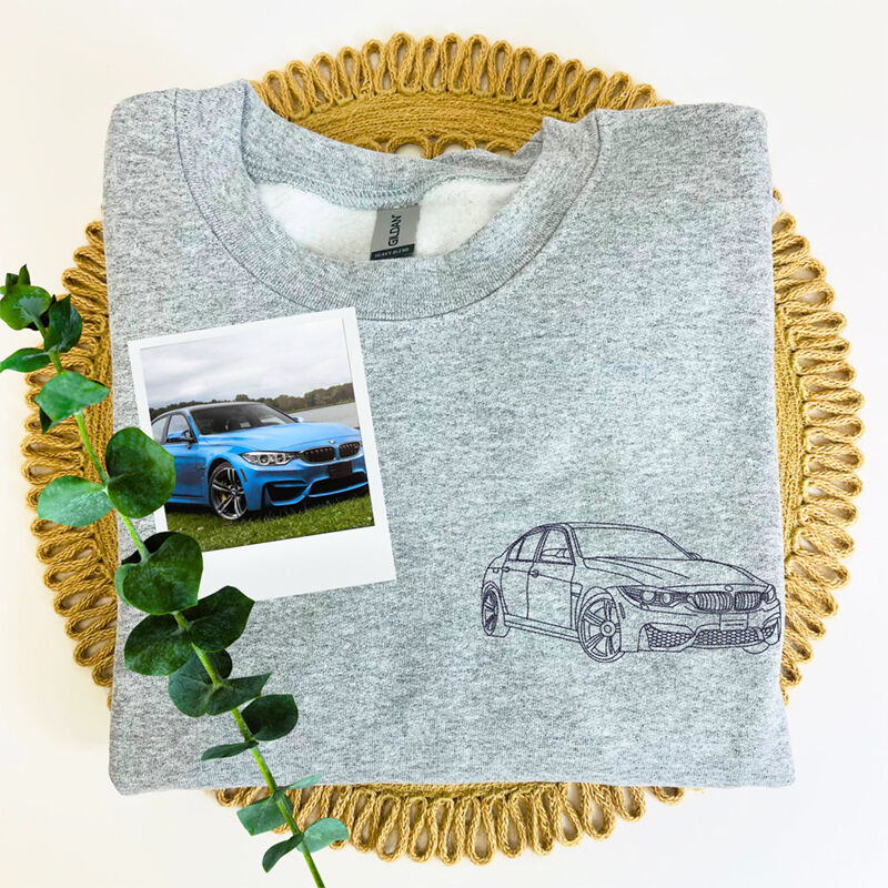 Personalized Sweatshirt Custom Embroidered Car Photo Line Drawing Design Cool Gift for Car Loving Friend