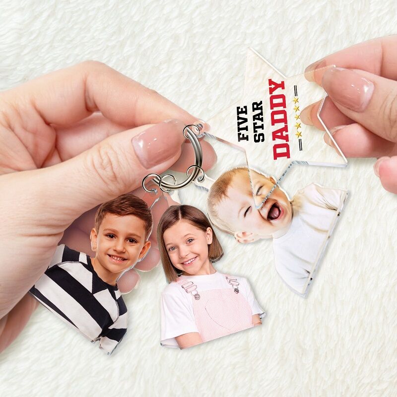 Personalized Keychain Custom Kids Photo Five Star Dad Design Perfect Gift for Father's Day