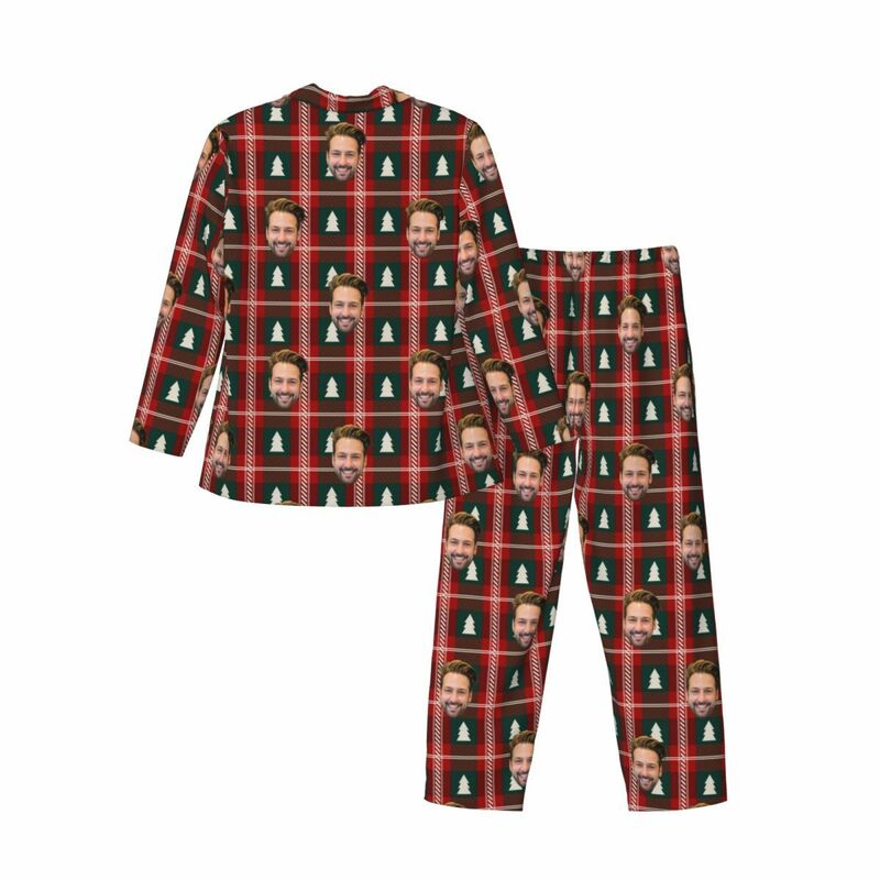 Personalized Pajamas Custom Photo Red and Black Checkered Christmas Tree Pattern Design Gift for Him