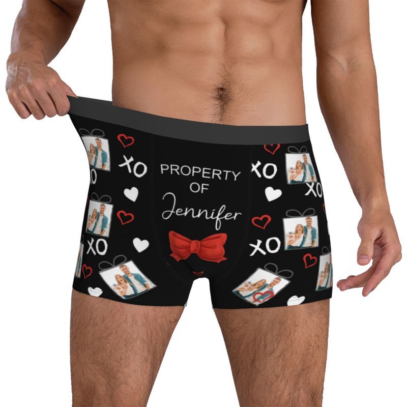 Boxer personnalisé avec photo pour homme, sous-vêtement avec motif de nœud, cadeau romantique pour petit ami