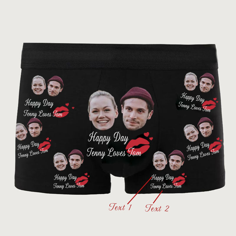 Personalized Photo and Name Men's Underwear Boxer Briefs with Mouth And Heart Pattern for Husband