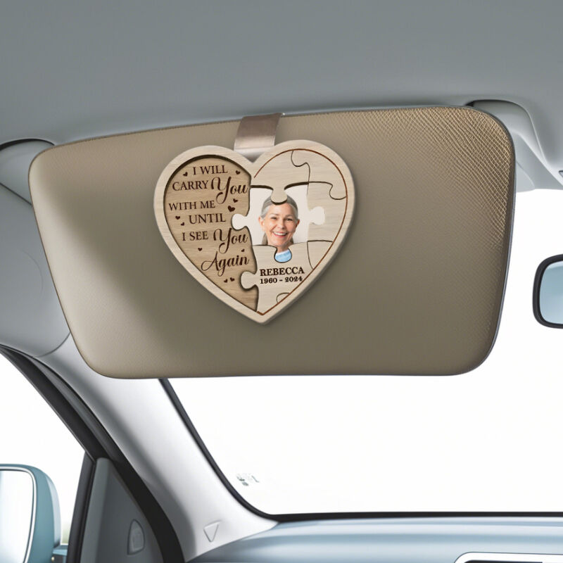 Custom Car Visor Clip Wooden Heart Shaped Jigsaw Photo Frame Memorial Gift for Loved Ones