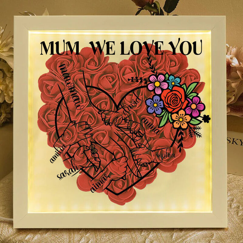 Personalized Flower Shadow Box Photo Frame with Light Customized Hand-in-Hand Pattern Mother's Day Gift