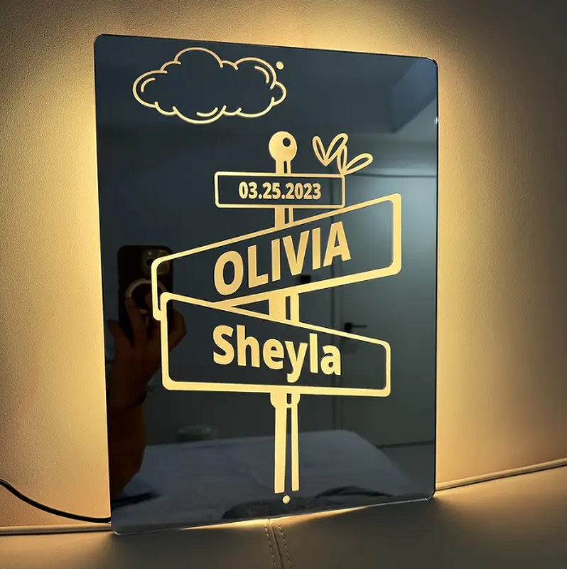 Personalized Mirror Lamp Customized with Couple's Name and Date Sweet Gift