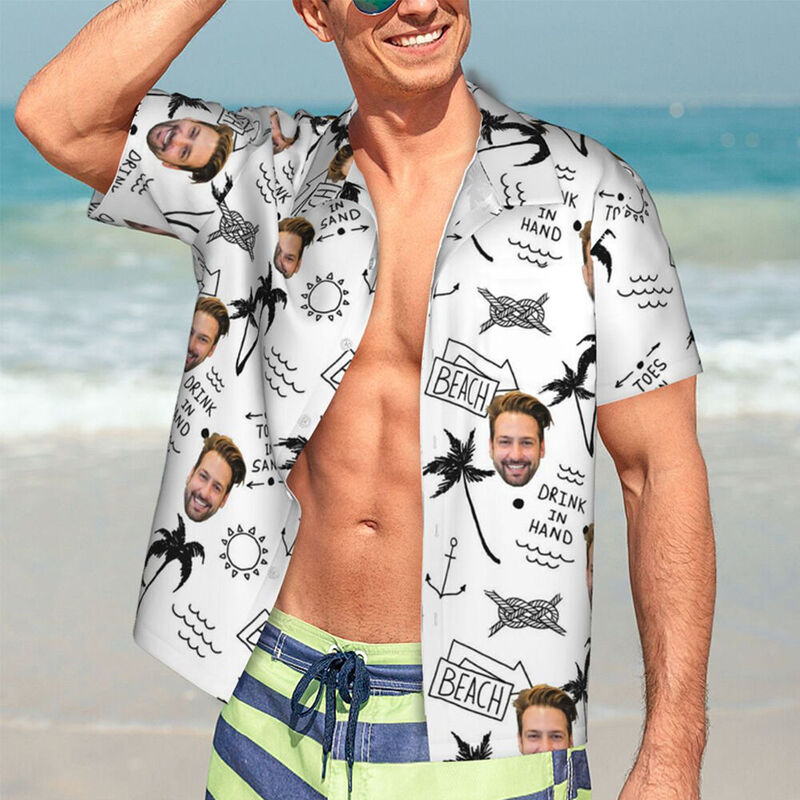 Chemise hawaïenne personnalisée avec photo Dessin au crayon Manches courtes Cadeau de vacances pour hommes