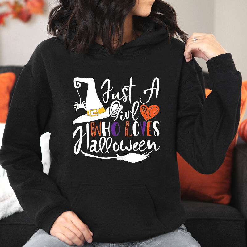 Timelessly Stylish Hoodie with Magic Broom Pattern Unique Gift for Friend "Just A Girl"