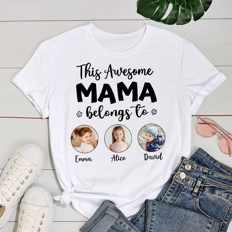 T-shirt personnalisé This Awesome Mama Belongs To avec photos personnalisées Cadeau parfait pour la fête des mères