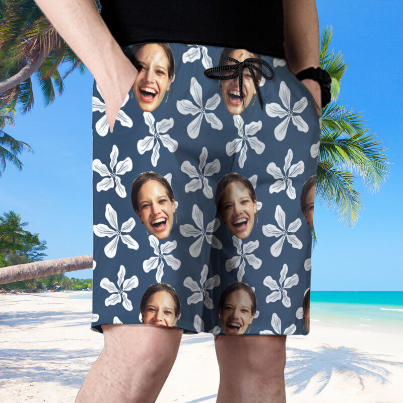 Shorts de plage Photo personnalisée  pour homme avec motif de fleurs simples Cadeau amusant pour la famille