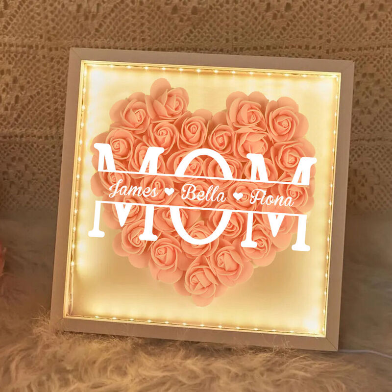 Personalized Flower Shadow Box Photo Frame with Light Customized Child Name Mother's Day Gift