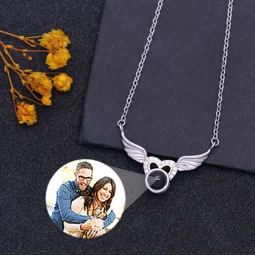 Sterling Silver Personalized Photo Projection Necklace-Heart With Wings