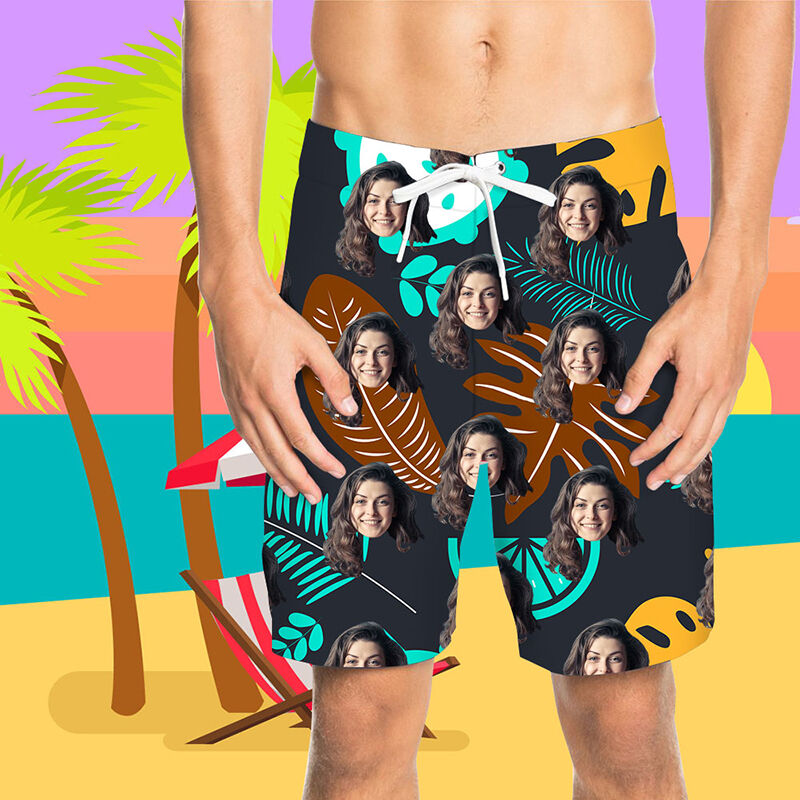 Custom Face Brown Leaves Men's Beach Shorts