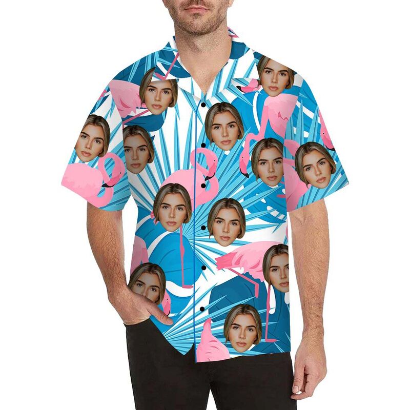 Custom Face Pink Flamingo Men's All Over Print Hawaiian Shirt