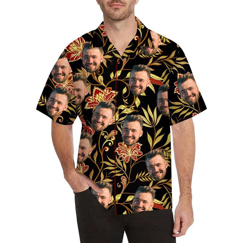 Chemise hawaïenne à impression intégrale Visage personnalisé Fleurs et bourgeons pour hommes