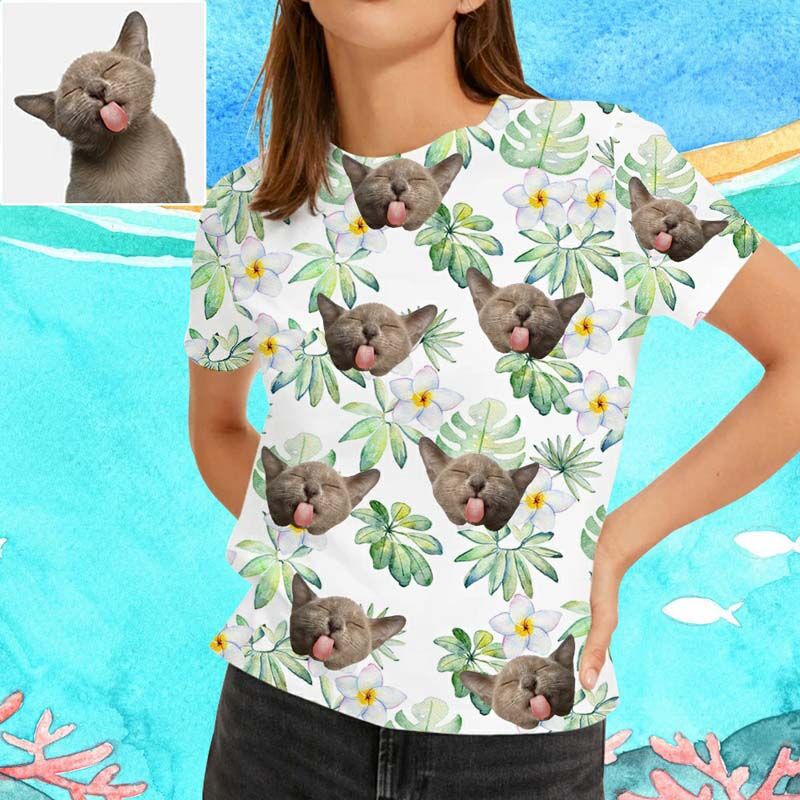 T-shirt hawaïen Visage d'animal de compagnie personnalisé pour femme avec petites fleurs blanches