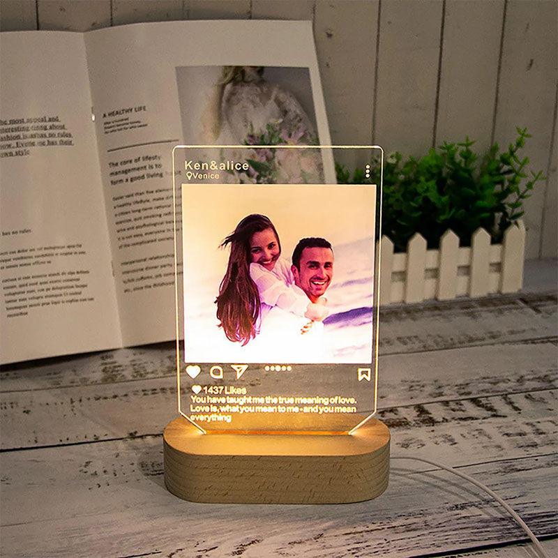 Personalized Ins Acrylic Night Light with Wood Stand for Couple