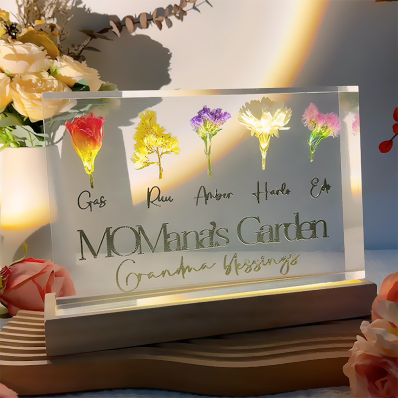Personalized Name Resin Wood Lamp with Custom Birth Flowers Beautiful Gift for Mom