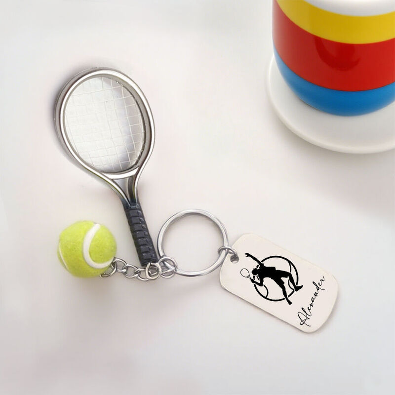 カスタマイズ テニスラケット＆ボール キーチェーン スポーツ 記念品 名前や文字入り ギフト