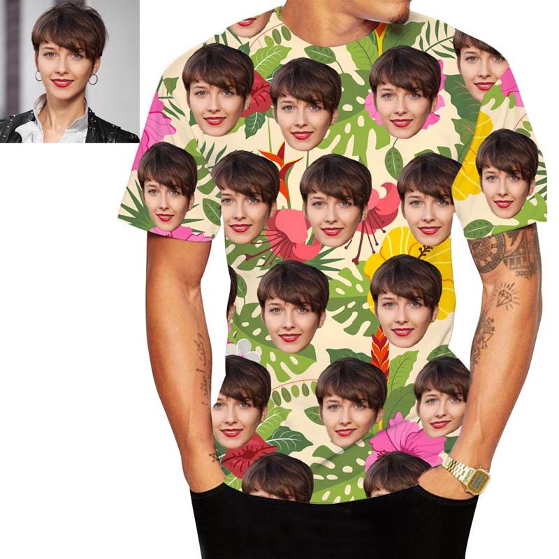Custom Face Hawaiian T-Shirt With Colourful Flowers & Leaves