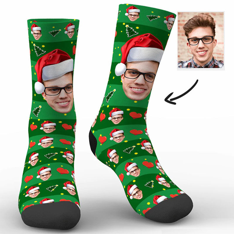 Custom Face Picture Striped Socks Printed with Christmas Tree