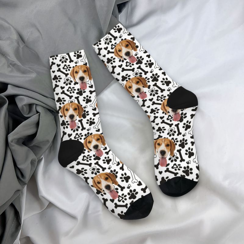 Gepersonaliseerde sokken met gezicht, foto van huisdier en zwart-witte bottenprint