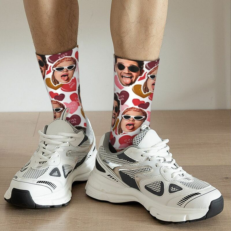 Custom Face Socks Pink Trendy Mid-Tube Socks Add Couple Photos for Girlfriend