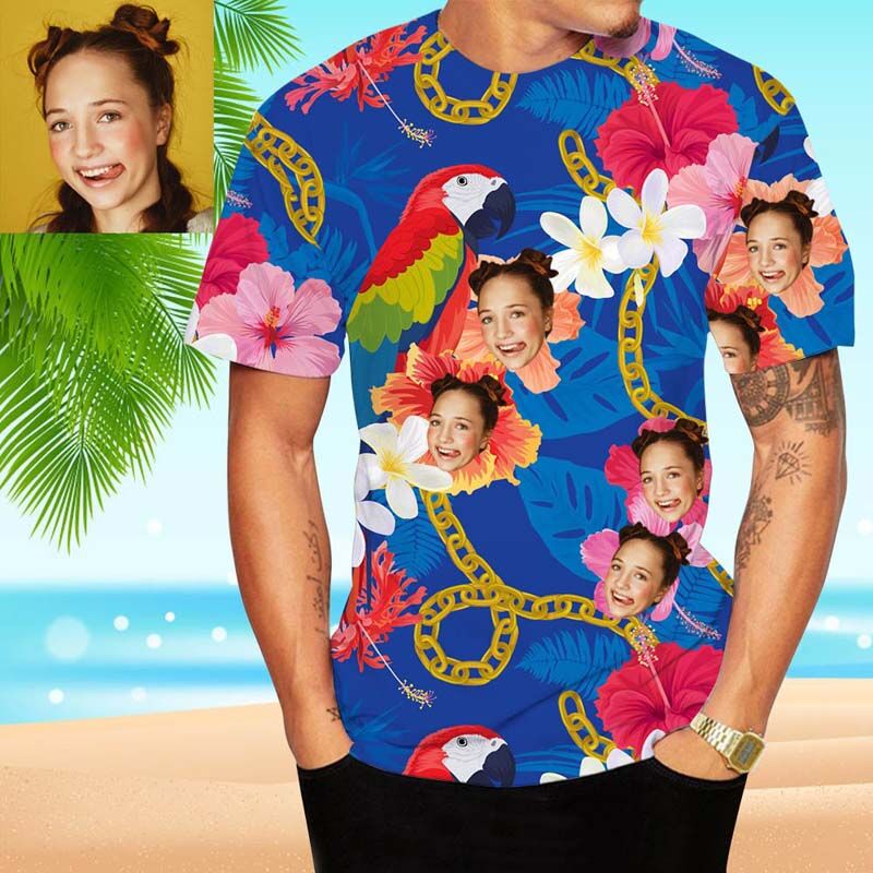 Custom Face Hawaiian T-Shirt With Flowers & Birds