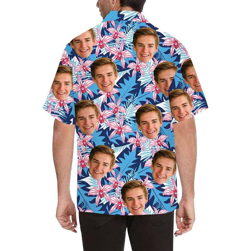 Custom Face Pink Flowers Men's All Over Print Hawaiian Shirt in Blue
