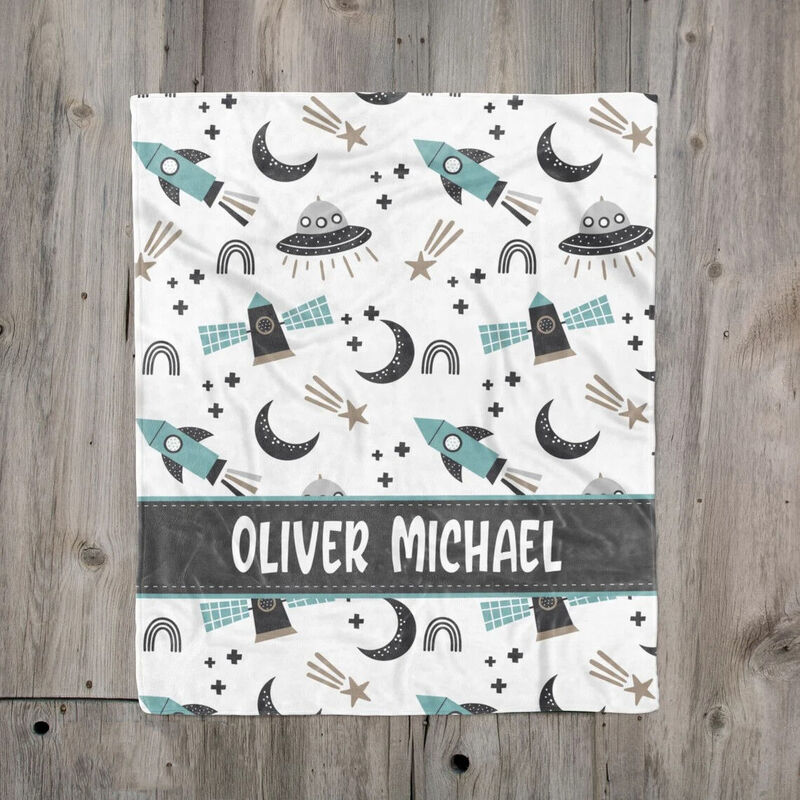 Personalized Name Blanket with Cartoon Spaceship And Rocket Pattern for Baby Boy
