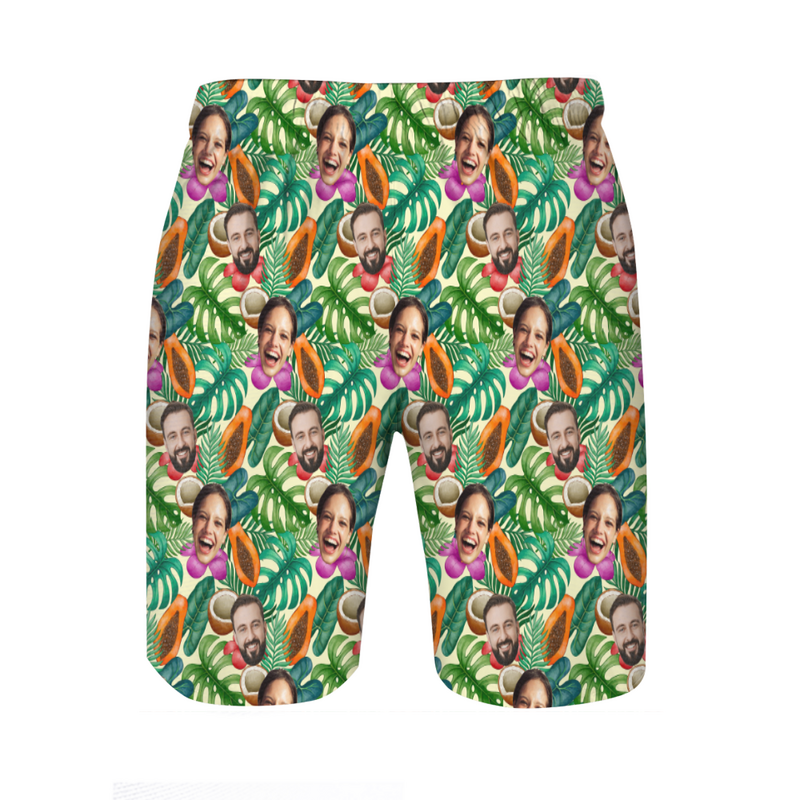 Personalized Picture Men's Beach Shorts with Green Leaves Pattern Best Gift for Family