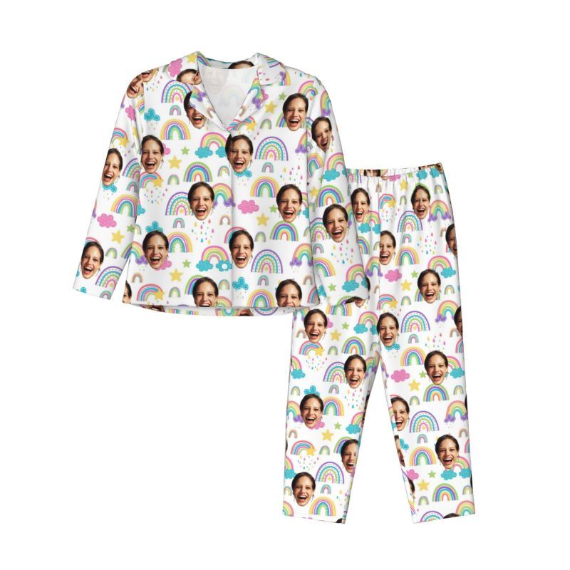 Personalized Pajamas Custom Photo Cute Clouds Rainbow Rain Pattern Design Vibrant Gift for Her