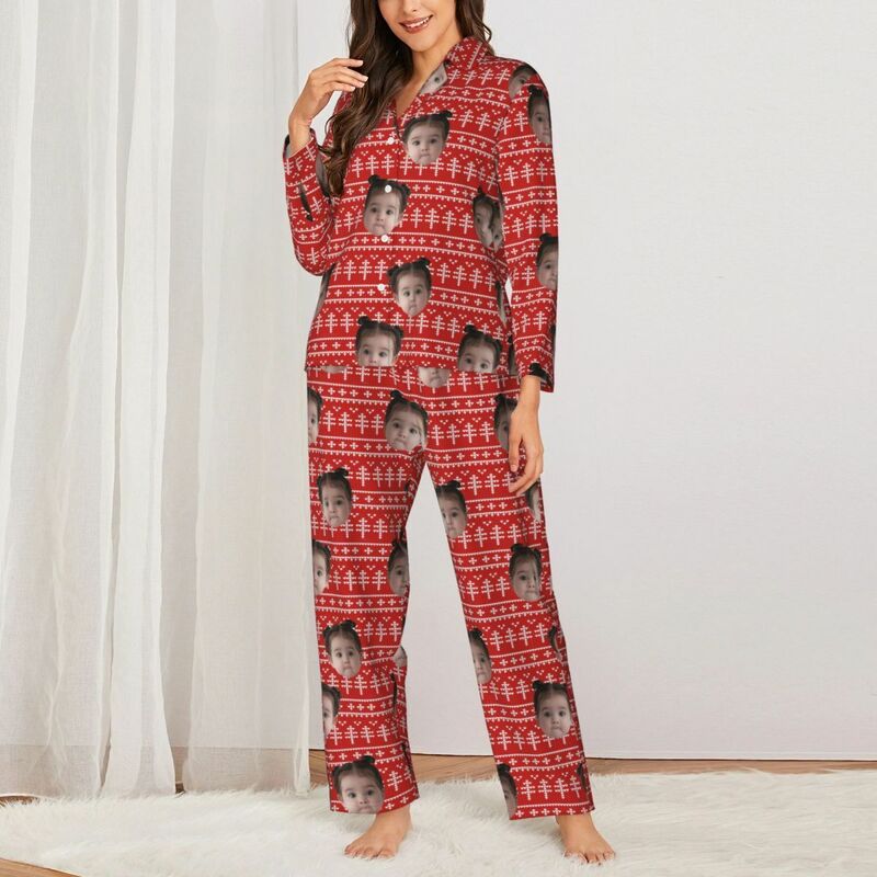 Personalized Pajamas Custom Photo Pixel Christmas Tree Red Style Pattern Design Perfect Gift for Her