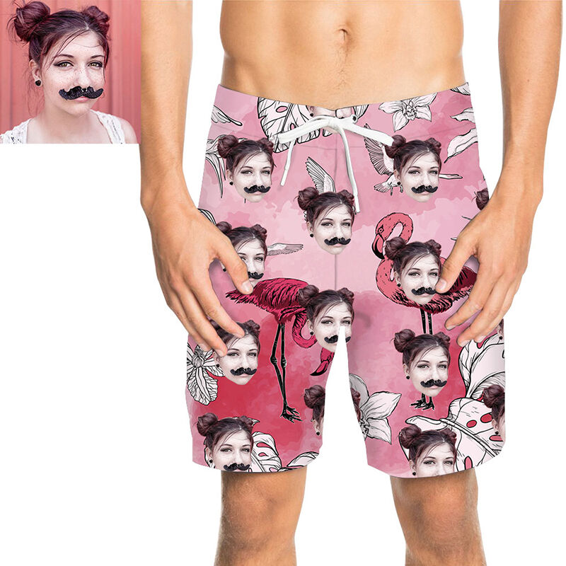 Custom Face Flamingo and Leaves Pink Men's Beach Shorts