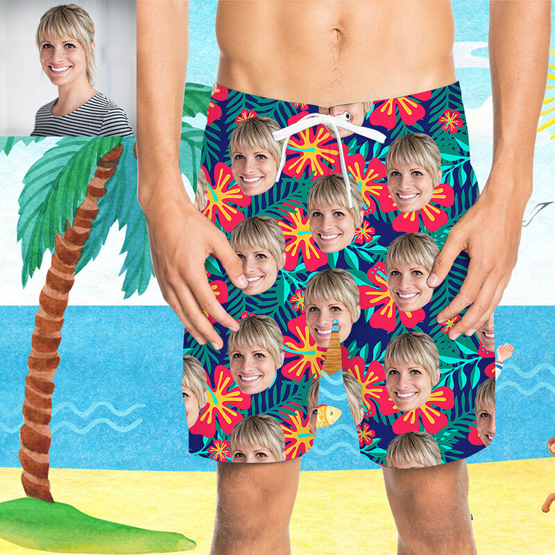 Custom Face Pretty Green Leaves and Red Petals Men's Beach Shorts