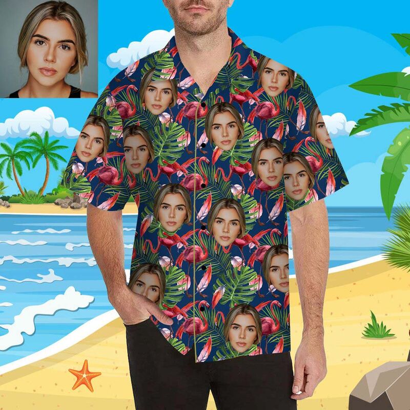Custom Face Flamingo and Green Leaves Men's All Over Print Hawaiian Shirt