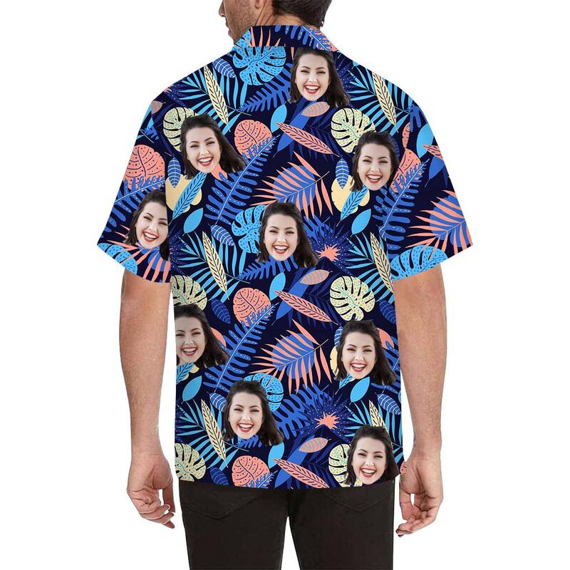 Custom Face Mix Colorful Leaves Men's All Over Print Hawaiian Shirt