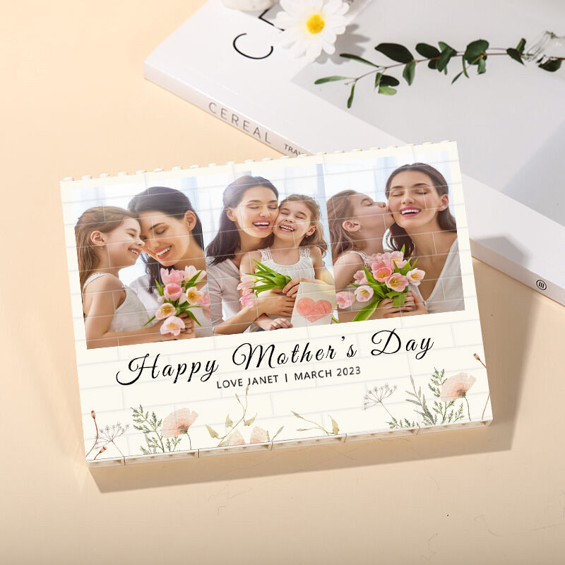 Cadeau de fête des mères "Joyeuse fête des mères" avec photo personnalisée et bloc de construction rectangulaire gravable